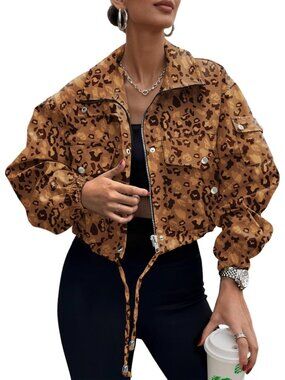 〽️Z-Leopard Women's Cropped Utility Cargo Jacket Full Zip Lightweight Streetwear